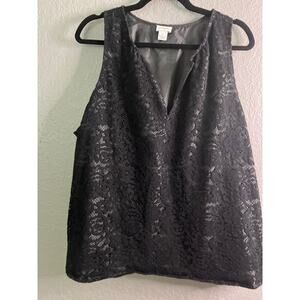 J.Crew Tank Top Sz 22 Black Floral Lace Sleeveless Split Neck Blouse Casual Boho